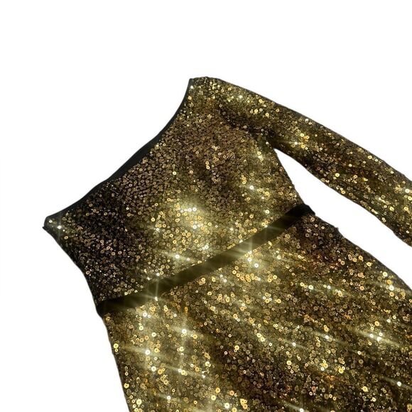 MARCHESA NOTTE Gold Sequin Ruffle Asymmetric One Shoulder Cocktail Dress Size 8 - Picture 3 of 7